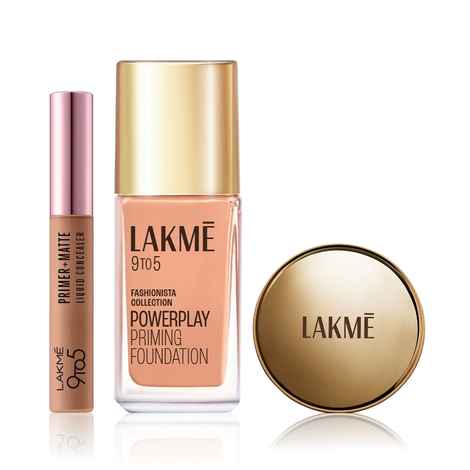 Buy Lakme 9 to 5 Face Combo - Fair (Lakme 9to5 Primer+Matte Liquid Concealer 34 Almond, 5.4 ml + Lakme 9 to 5 Primer + Matte Powder Foundation Compact, Ivory Cream, 9 gm + Lakme 9To5 Primer + Matte Perfect Cover Foundation, C100 Cool Ivory, 25 ml) - Purplle