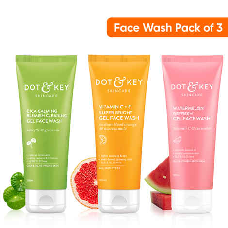 Dot & Key Best Selling Face Wash Trio - CICA Face Wash 100 ml, Vitamin C Face Wash 100 ml & Watermelon Face Wash 100 ml