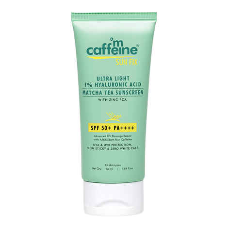 mCaffeine Sun Fix Ultra Light 1% Hyaluronic Acid Matcha Tea Sunscreen SPF 50+ & PA++++ UV & Blue Light Protection, No White Cast, Soothes Acne - 50ml