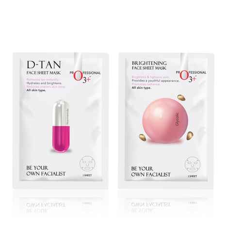 O3+ Brightening and De Tan Face Sheet Mask Duo (Glycolic Sheet Mask 30g + Niacinamide Sheet Mask 30 gm)
