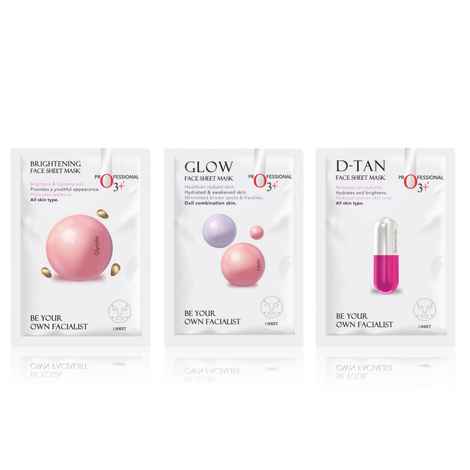 O3+ Glow, De-Tan and Brightening Trio (Dullness Removal Sheet Mask 30g + Glycolic Sheet Mask 30g + Niacinamide Sheet Mask 30 gm)