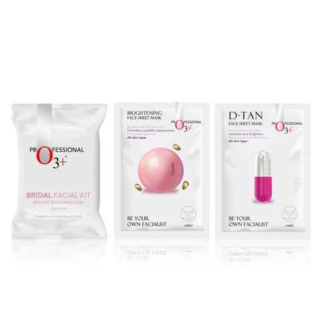 O3+ Radiant Bridal Skin Essentials [Facial Kit (69 ml + 60 gm) + Glycolic Sheet Mask 30 gm + Niacinamide Sheet Mask 30 gm]