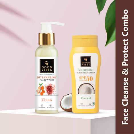 Buy Good Vibes Face Cleanse & Protect Combo | Ubtan De-Tan Face Wash 120ml | Coconut Nourishing Sunscreen Lotion SPF 50 110ml - Combo of 3 - Purplle