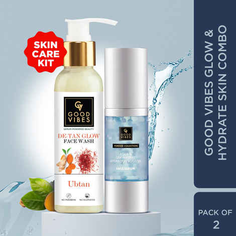Buy Good Vibes Glow & Hyderate Skin Combo | Ubtan De Tan Glow Face Wash 120ml | Aqua & Sea Mineral Hydration Booster Face Serum 30ml - Combo of 2 - Purplle