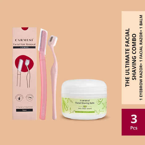 Buy Carmesi Women's Facial Hair Removal Combo | 1 Facial Razor, 1 Eyebrow Razor, 1 Facial Shaving Balm | Instant & Painless Hair Removal | For Eyebrows, Upper Lip, Forehead, Peach Fuzz, Chin and Sideburns - Combo of 3 - Purplle