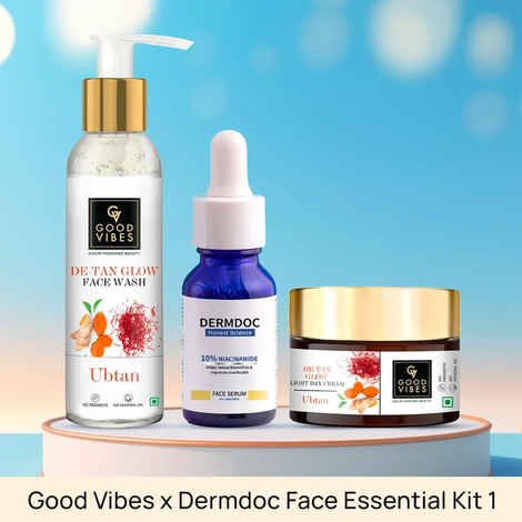 Good Vibes x Dermdoc Face Essential Kit 1 - (Good Vibes De Tan Glow Face Wash (120 ml) + DERMDOC 10% Niacinamide Face Serum (15 ml) + Good Vibes Ubtan De-tan Glow Light Day Cream (50 gm))