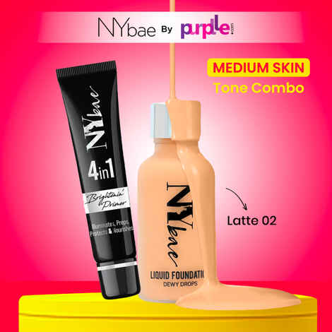 NY Bae Prime & Dewy Fair Face Combo | Korean Glow | Brightening Primer | Minimizes Pores | Long Lasting | Dewy Foundation | Latte 02 | Skin Tint - 5 gm