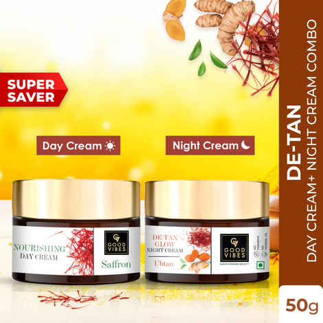 Buy Good Vibes Saffron Day Cream and Ubtan De-tan Night Cream Combo (Set of 2) - Good Vibes De-Tan Glow Night Cream Ubtan with Power of Serum (50 gm) + Good Vibes Saffron Nourishing Day Cream (50 gm) - Purplle