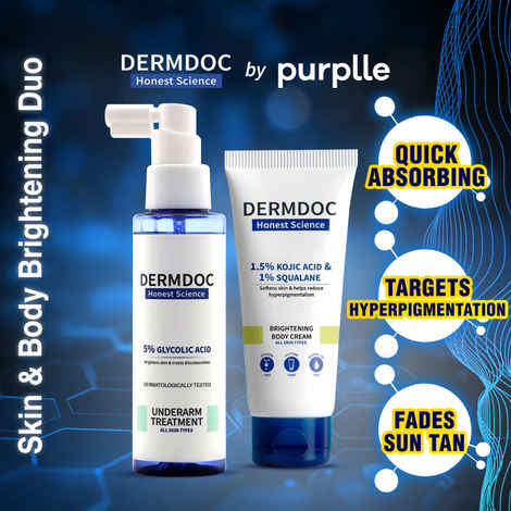 Buy DERMDOC Skin and Body Brightening Combo | 5% Glycolic Acid Underarm Brightening Spray (100 ml) | 1.5% Kojic Acid & 1% Squalene Brightening Body Cream (50 gm) - Purplle
