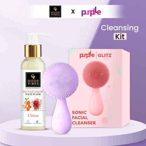 Buy Good Vibes x Purplle Cleansing Kit | Good Vibes Ubtan De-Tan Face wash 120 ml | Purplle Glitz Sonic Facial Cleanser - Purplle