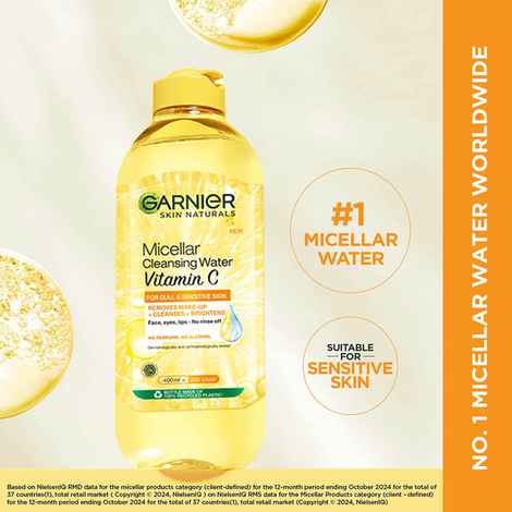 Garnier Vitamin C Micellar Cleansing Water, Gentle Cleanser For Bright Skin, Remove 100% Dirt, 400 ml