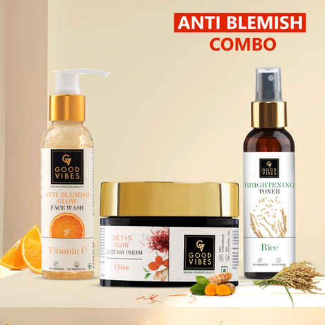 Good Vibes Blemish Free Skin Combo| Vitamin C Glow Face Wash (120 ml) + Rice Brightening Toner (120 ml) + Ubtan De-tan Glow Light Day Cream (50 g) | Depigmentation, Glow, Even Skin - Combo of 3