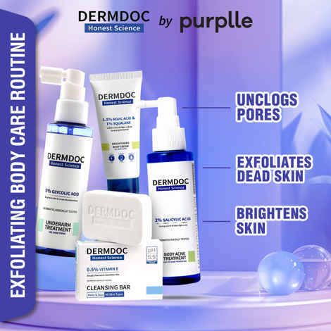 Buy DERMDOC by Purplle 5% Glycolic Acid Underarm Brightening Spray (100 ml) | 2% Salicylic Acid Body Acne Treatment Spray (100 ml) | 1.5% Kojic Acid & 1% Squalene Body Cream (50 gm) | 0.5% Vitamin E Cleansing Bar (75 gm) Combo of 4 - Purplle