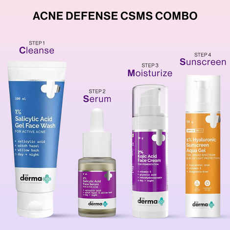 The Derma Co. Acne Defense CSMS Combo : Salicylic Acid Daily Face Wash (100 ml) + 2% Salicylic Acid Face Serum (8 ml) + Kojic Acid Face Cream (30g) + Hyaluronic Sunscreen Aqua Gel (50g) - Combo of 4