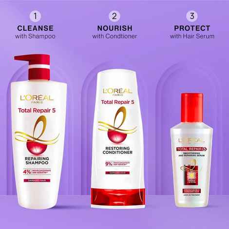 Buy L'Oreal Paris Total Repair 5 Kit (Total Repair Shampoo, 650 ml + Total Repair Conditioner, 180 ml + Total Repair Serum, 40 ml) - Purplle
