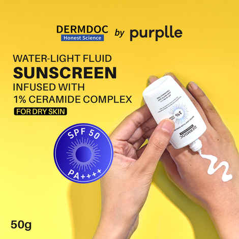 DERMDOC SPF 50 1% Ceramide Complex Water Light Fluid Sunscreen (50 gm) | PA++++ | Sunblock | Lightweight | Non-Sticky I No White Cast | Non-Comedogenic | Suitable for Dry Skin