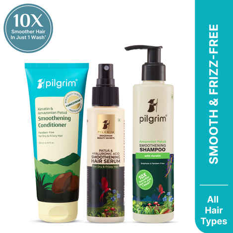 Pilgrim Patua Hair Essential Trio | Smoothening Shampoo | Conditioner | Serum for Frizz-Free Nourished Hair | Sulfate-Free | 200 ml + 200 ml + 100 ml, Combo of 3, Skincare Kit