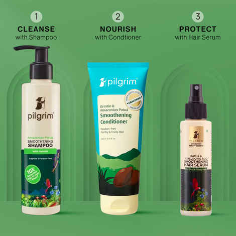 Pilgrim Patua Hair Essential Trio | Smoothening Shampoo | Conditioner | Serum for Frizz-Free Nourished Hair | Sulfate-Free | 200 ml + 200 ml + 100 ml, Combo of 3, Skincare Kit