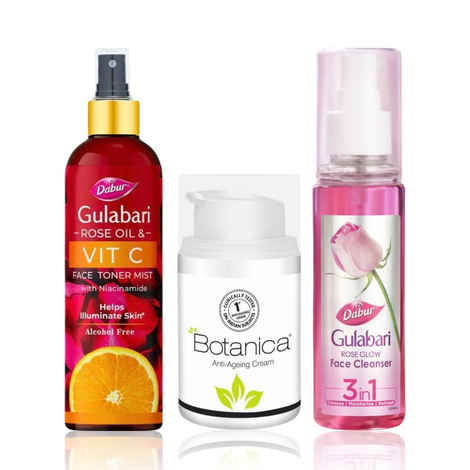 Buy Winter Skin Care Combo : Dabur Gulabari Rose Glow Face Cleanser 100 ml + Rose Oil & Vitamin C Face Toner Mist with Niacinamide 100 ml + Botanica Anti-Ageing Cream 50 gm (100 ml+100 ml+50 gm) | For even skin tone & anti ageing - Purplle