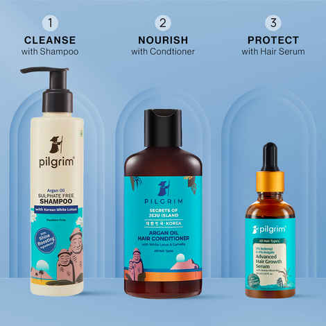 Buy Pilgrim Hair Care Combo of 3|(Sulfate Free Shampoo (200 ml) + Argan Oil Hair Conditioner (200ml) + Advanced Hair Growth Serum(50 ml)) Frizz-Free, Smooth Hair & Hair Fall Control | For Men & Women| Haircare Kit - Purplle