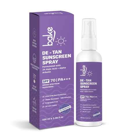 Buy BAKE SPF 70 Sunscreen Spray PA++++ | Waterproof - 180 Minutes | With 2% Kojic Acid & Alpha Arbutin, Sweat Resistant 100ml - Purplle