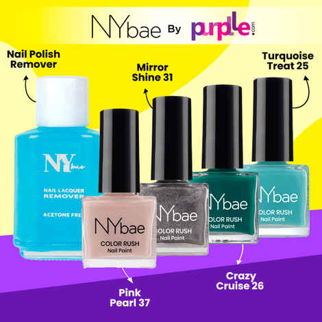 NY Bae Color Rush Nail Paint Set - Electric Teal 11 | Chip Resistant | Long Lasting | Quick Dry | Glossy Gel Nail Paint Combo (5 ml*4) + Nail Polish Remover (30 ml)
