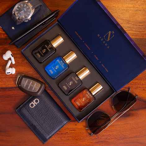 Buy Nisara Long Lasting Men Perfume Gift Set 4x15 ml(60 ml) | Notes:- Citrus Musky, Fresh Aqua, Woody Oud with | Men Of The Night | Blue Seduction | The Legend | Smoky Oud | Travel & Pocket-friendly perfume kit | Ideal gift for men, Husband,Boyfriend - Purplle