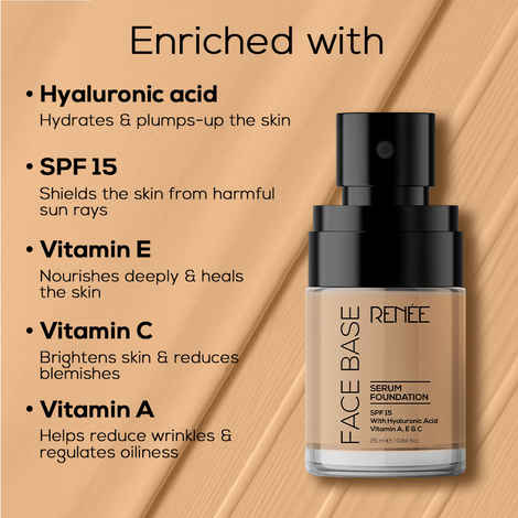 Buy RENEE Face Base Serum Foundation -02 Vintage, Sheer Coverage, Dewy & Seamless Finish, Hydrates, Nourishes & Protects, Gives Healthy, Radiant Skin, Vitamin C, Hyaluronic Acid & SPF 15 Infused, 25 ml - Purplle