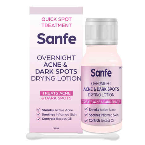Buy Sanfe Overnight Acne & Dark Spots Drying Lotion | Salicylic Acid, Zinc Oxide, Glycerine | Fast-Acting Acne, Dark Spots, Blackheads & Whiteheads Remover | Controls excess oil, soothes inflamed skin | Shrinks active acne overnight | 10 ml - Purplle