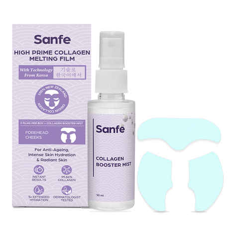 Sanfe High Prime Collagen Melting Film For 5X Hydrating Skin | 99.86% Collagen, Hyaluronic Acid | Face Pack/Mask, Reduces Wrinkles & Gives Instant Plumpness | Korean Skincare Melting Patch with Collagen Booster Mist 50 ml
