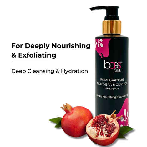Baes Club Deeply Nourishing & Exfoliating Shower Gel | With Pomogranate, Aloe Vera & Olive Oil | Soft & Smooth Skin | 100% Vegan, Parabens Free & Soap Free | Body Wash for Women & Men - 200 ml