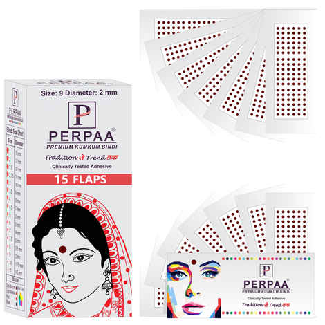 PERPAA Premium Velvet Sticker Kumkum Bindi Box of 15 Flaps (Size 09, Diameter 2 mm, Dark Maroon) 80 gm