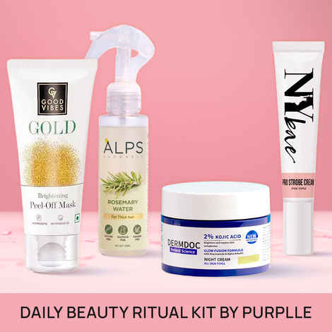 Buy Daily Beauty Ritual kit by Purplle (Good Vibes gold peel off Mask (50 gm) + NY Bae PRO strobe cream - pink topaz (12 gm) + DERMDOC 2% kojic acid night cream (50 gm) + Alps Goodness Rosemary water (100 ml)) - Purplle