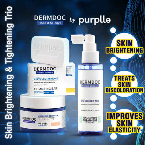 Buy DERMDOC by Purplle Skin Brightening & Tightening Trio with Face Gel with Hydrolyzed Collagen (50 gm) | 5% Glycolic Acid Under Arm Treatment (100 ml) | 0.5% Glutathione Cleansing Bar (75 gm) - Purplle