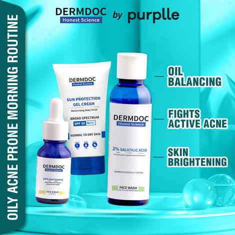 Buy DERMDOC by Purplle 2% Salicylic Acid Face Wash for Acne and Dark Spots (120 ml) | 10% Niacinamide Face Serum (30 ml) | UVA & UVB Broad Spectrum Sun Protection Gel Cream with SPF 30 & PA+++ - Purplle