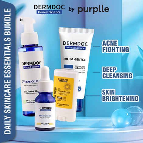 Buy DERMDOC by Purplle Mild & Gentle Facial Cleanser (100ml) | 2% Salicylic Acid Exfoliating Tonic (100 ml) | 10% Niacinamide Face Serum (30ml) | 1% Hyaluronic Acid Mini Sunscreen Stick (13 gm) - Purplle