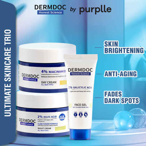 DERMDOC by Purplle 2% Salicylic Acid Anti Acne Face Gel (70 gm) | 2% Kojic Acid Night Cream with Niacinamide & Alpha Arbutin for Skin Brightening (50 gm) | 10% Niacinamide Face Serum (30 ml)
