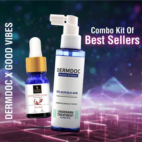Buy DERMDOC x Good Vibes Combo Kit of Best Sellers | 5% glycolic acid underarm treatment (100 ml) | Rosehip Radiant Glow Face Serum (10 ml) | dark underarm spray, glycolic acid for skin lightening | hyperpigmentation under arms - Purplle