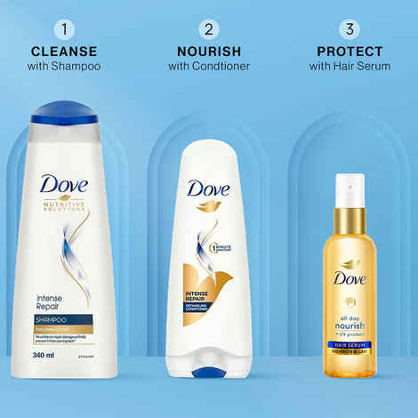 Buy Dove Intense Repair Cleanse, Nourish & Protect Combo : Shampoo (340 ml) +Conditioner (175 ml) + Hair serum (48 ml) - Purplle