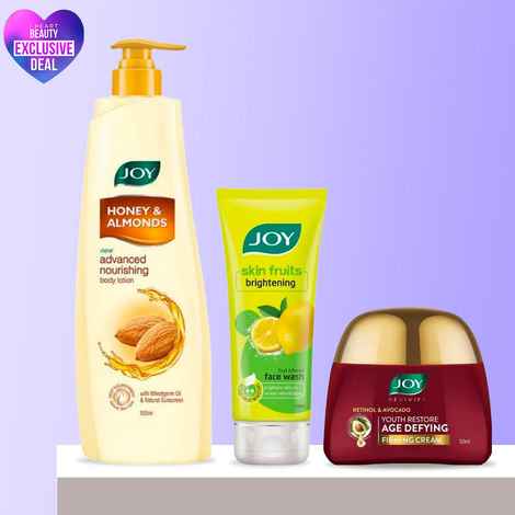 Buy Joy Daily Defense Combo : Skin Fruits Lemon Face Wash (100 ml) + Retinol & Avocado Moisturiser (50 ml) + Honey & Almonds body lotion(500ml) - Purplle