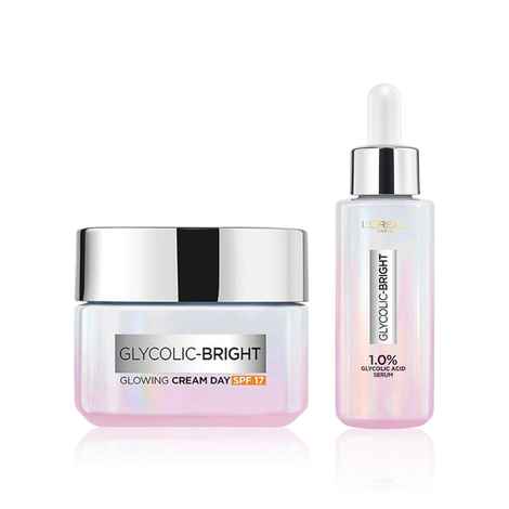 L'Oreal Paris Go Spotless Glowing Skin Regime- 1% Glycolic Acid Brightening Serum, 15 ml + Glycolic Bright Day Cream with SPF 17, 15 ml