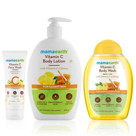 Buy Mamaearth Fresh Essentials Combo (Vitamin C Body Wash-300 ml + Vitamin C Body Lotion-400 ml + Vitamin C Face Wash-100 ml) - Purplle