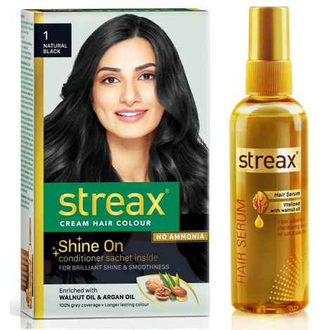 Buy Streax Cream Hair Colour Natural Black + Streax Walnut Serum (120 ml + 45 ml) - Purplle