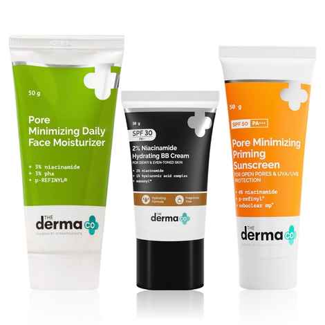 The Derma co. Radiant Glow Combo (Pore Minimizing Priming Sunscreen-50 gm + Pore Minimizing Daily Face Moisturizer-50 gm + 2% Niacinamide Hydrating BB Cream)