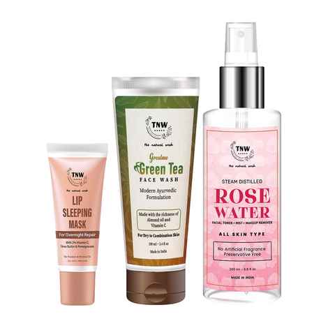 Buy Combo of 3- Green Tea Face Wash 100ml + Rose Water Spray Bottle 200ml + Lip Sleeping Mask 10g - Purplle