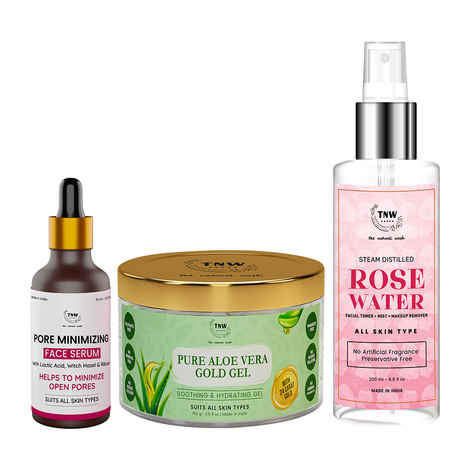 Buy Combo of 3- Aloe Vera Gold Gel 100gm & Rose Water Spray 200ml & Pore Minimizing Face Serum15ml - Purplle