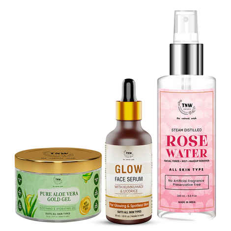Buy Combo of 3- Pure Aloe Vera Gold Gel 100gm & Rose Water Spray Bottle 200ml & Glow Face Serum 30ml - Purplle