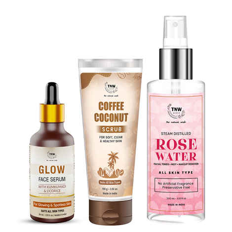 Buy Combo of 3- Coffee Coconut Scrub & Glow Face Serum 30ml & Rose Water Spray Bottle 200ml - Purplle