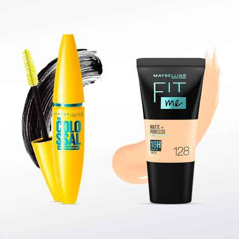 Maybelline New York The Colossal Volume Express Waterproof Mascara - Black (10 gm) + Maybelline New York Fit Me Matte+Poreless Liquid Foundation Tube 128 Warm Nude 18ml