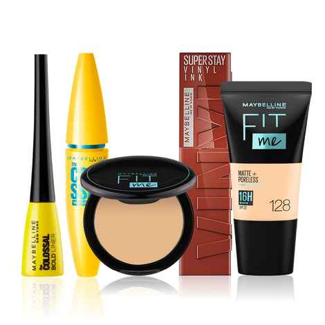 Buy Maybelline NewYork Ultimate Glam Kit 1 - Compact 128 (6 gm) | Matte Liquid Foundation 128(18 ml) | Waterproof Mascara(10 gm) | Eyeliner Black(3 gm) |Liquid Lipstick(4.2 ml)  - Purplle